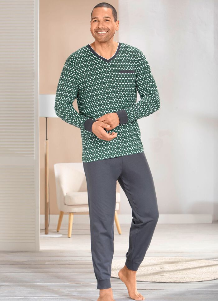 Schlafanzug allover dessiniert, mit V-Auschnitt und B&uuml;ndchen 