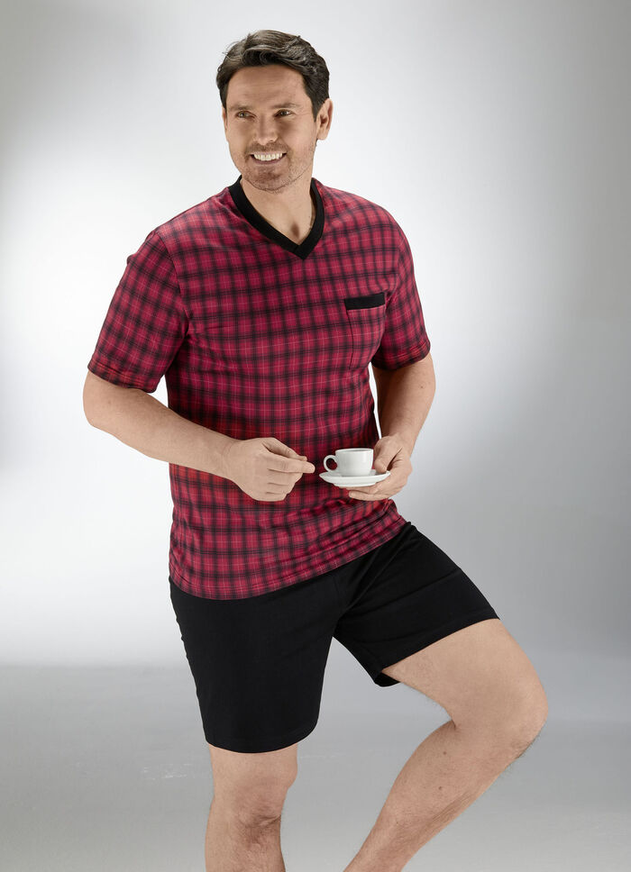 Shorty mit V-Ausschnitt, Brusttasche und Karodessin 