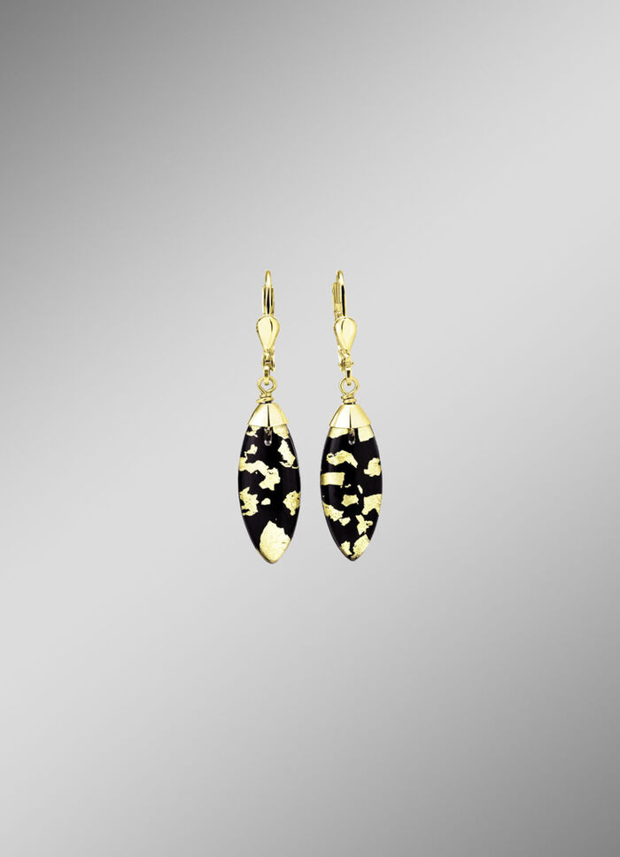 Ohrringe mit Onyx, beh. und Bergkristall mit Blattgold-Triplette 