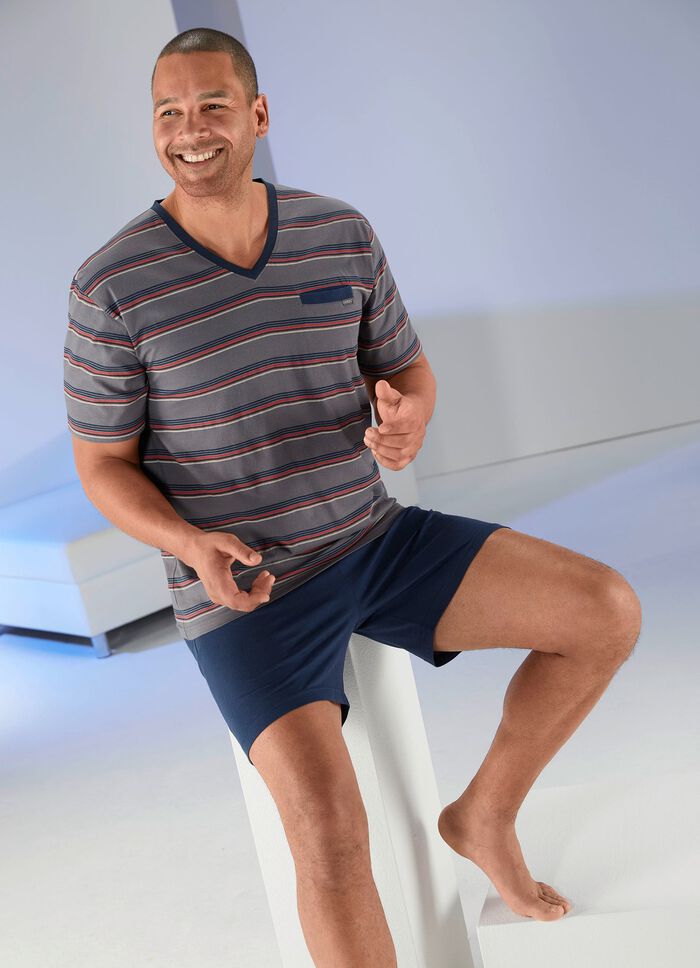 Shorty mit V-Ausschnitt, garngef&auml;rbtem Ringeldessin und Brusttasche 