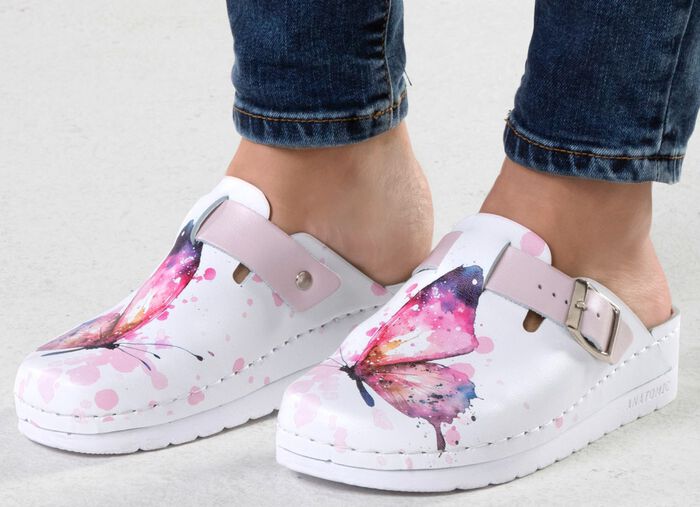 ELENA EDEN, klassische Damen-Clogs, Weite, G, mit verstellbarer Schliesse WEISS-BUNT