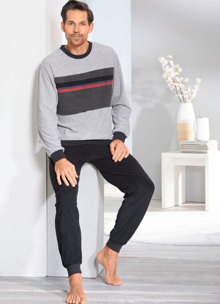 Schlafanzug aus Frottierstretch mit B&uuml;ndchenabschl&uuml;ssen  