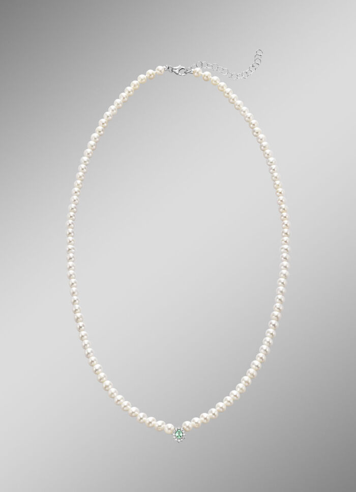 Halskette mit Süsswasser-Zuchtperlen, echt Smaragd und Brillanten 
