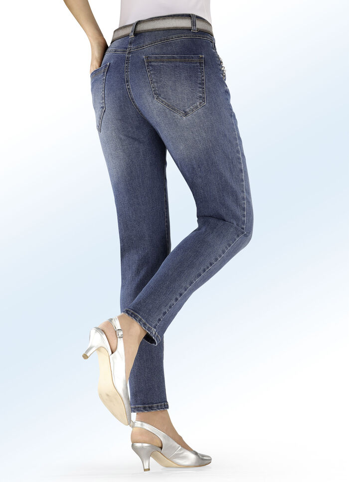 5-Pocket-Jeans mit Perlen- und Schmucksteinbesatz JEANSBLAU