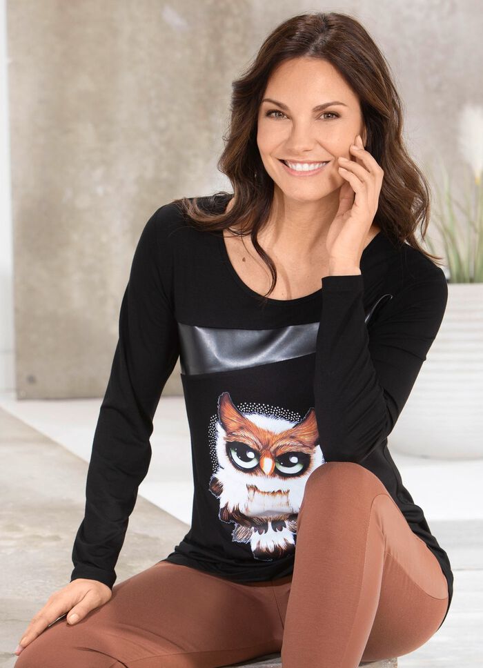 Shirt mit schwarzem Nappaleder-Imitat-Einsatz in 2 Farben 