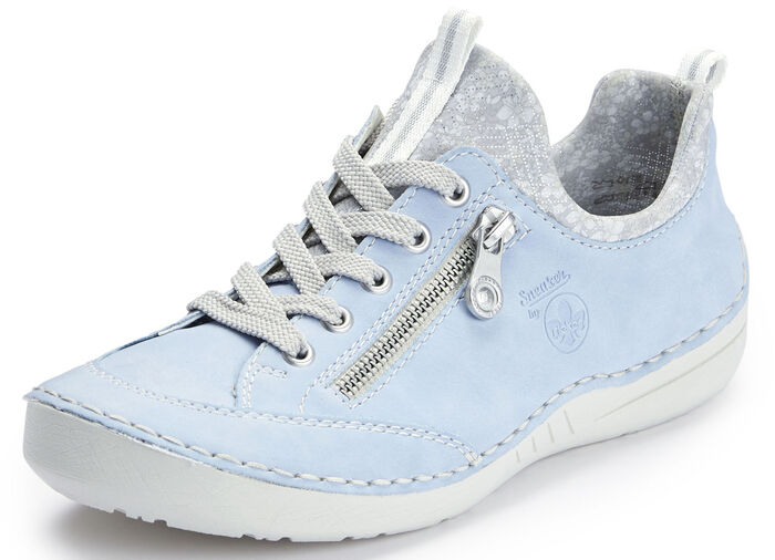 Rieker Schnürschuh aus floral bedrucktem Textilmaterial mit Metallicschimmer HELLBLAU-GRAU