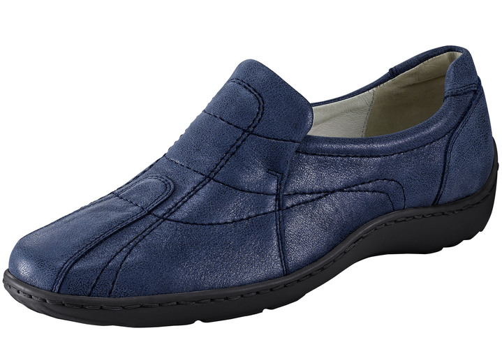 Schuhe - Slipper in 6 Farben mit herausnehmbarem Leder-Massagefussbett, Weite H, in Größe 4 bis 8 1/2, in Farbe STAHLBLAU Ansicht 1