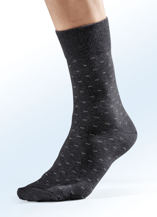 Herren - Fünferpack Socken mit handgekettelter Spitze und druckfreiem Bund, in Größe 001 (Schuhgrösse 39-42) bis 003 (Schuhgrösse 47-50), in Farbe 2X ANTHRAZIT DESSINIERT, 1X UNI ANTHRAZIT, 1X NAVY DESSINIERT, 1X UNI NAVY Ansicht 1